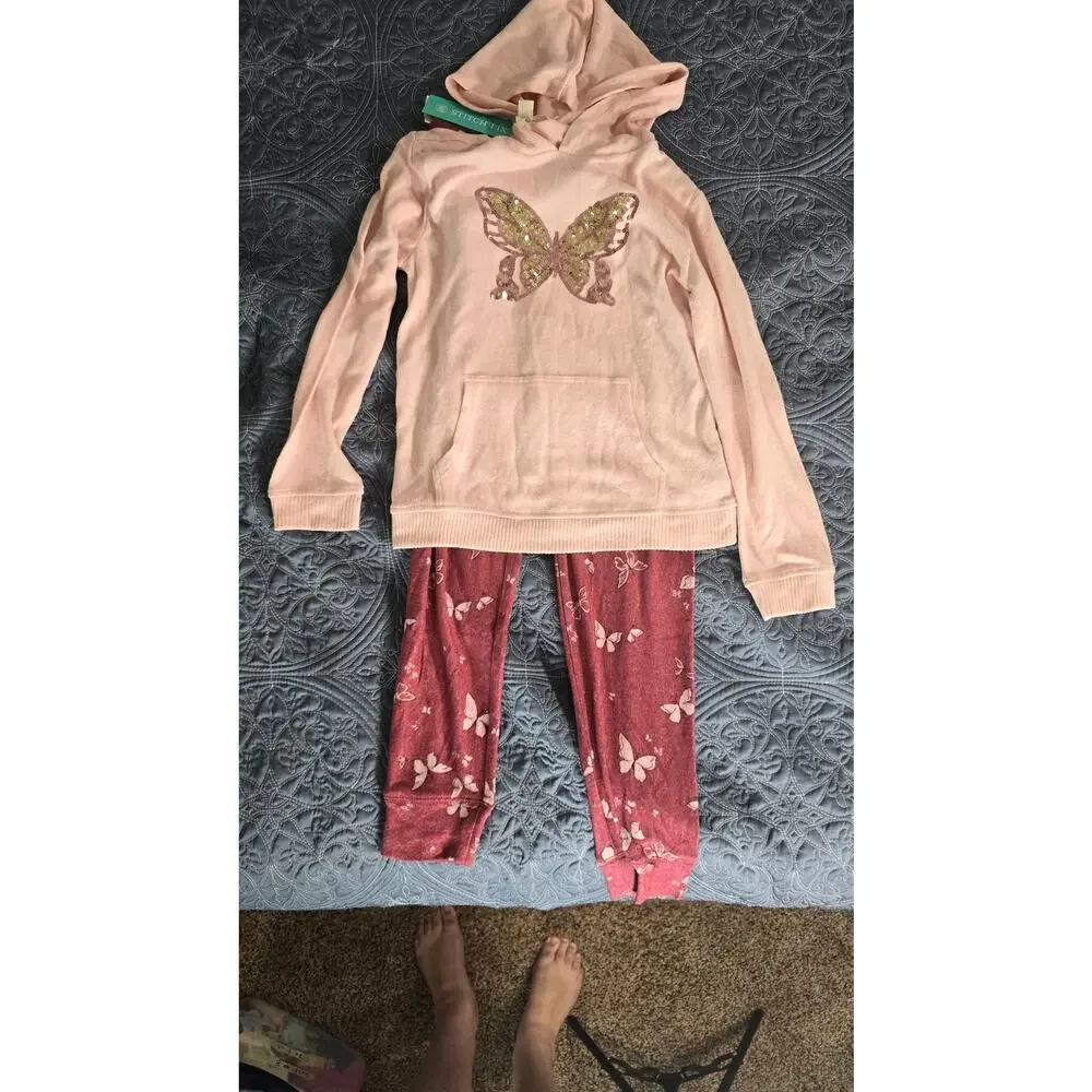 R+R The Brushed Kanga Pocket Butterfly Sequin Hoodie Set Size M